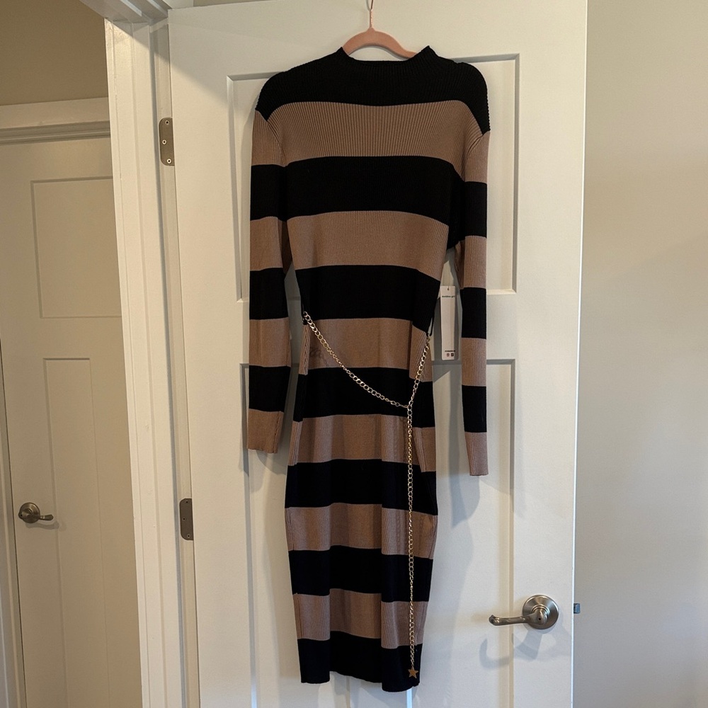 Madden Girl Striped Black and Tan Sweater Dress